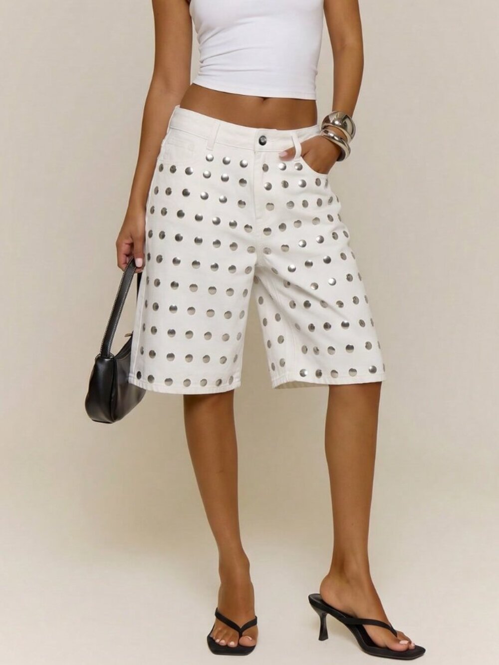 White Casual Women's Studded Loose Fit Plain Wide Leg Zipper Fly Bermuda Shorts